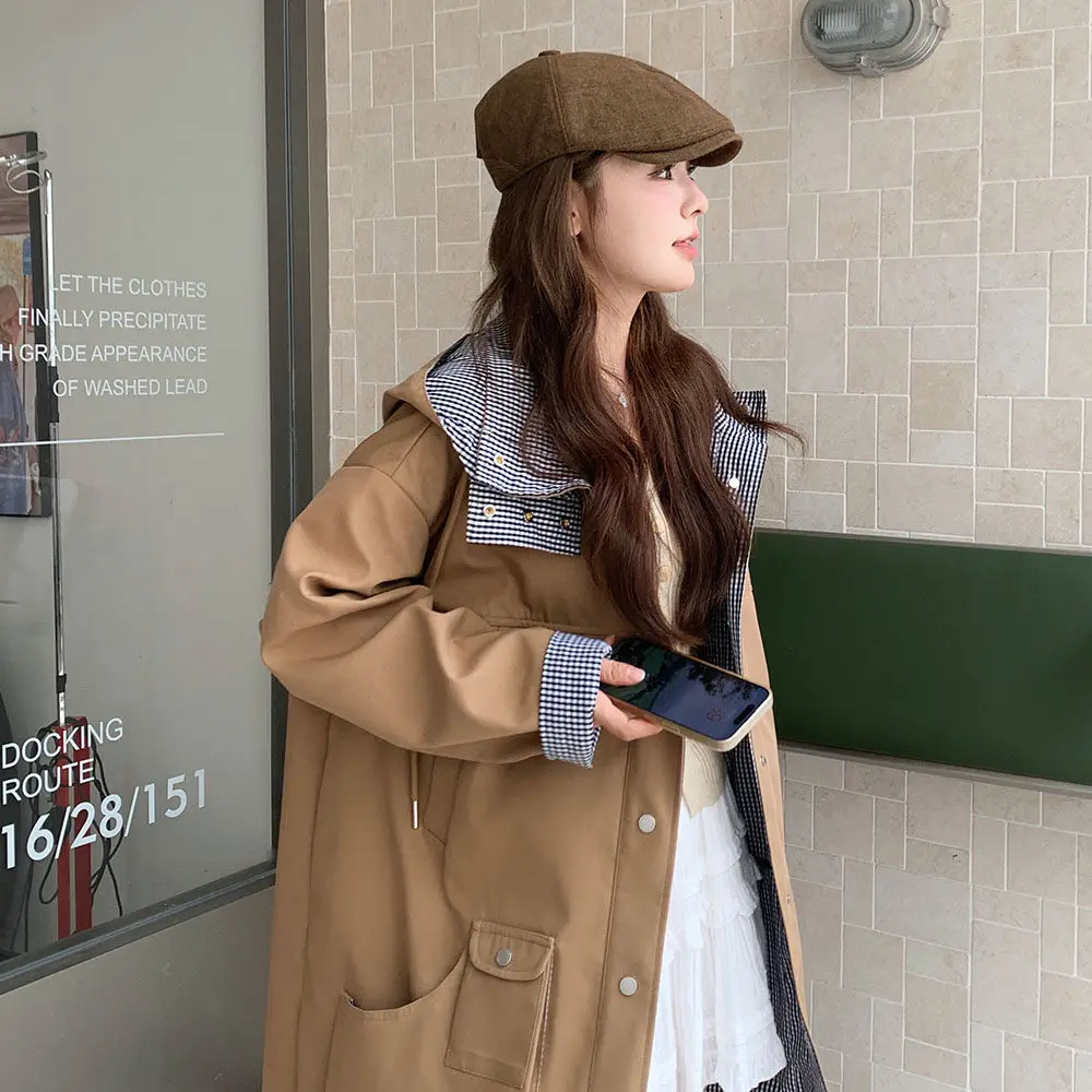 

SuperAen корейский стиль хаки плащ с капюшоном женский средней длины весна и осень новые однобортные пальто трапециевидной формы