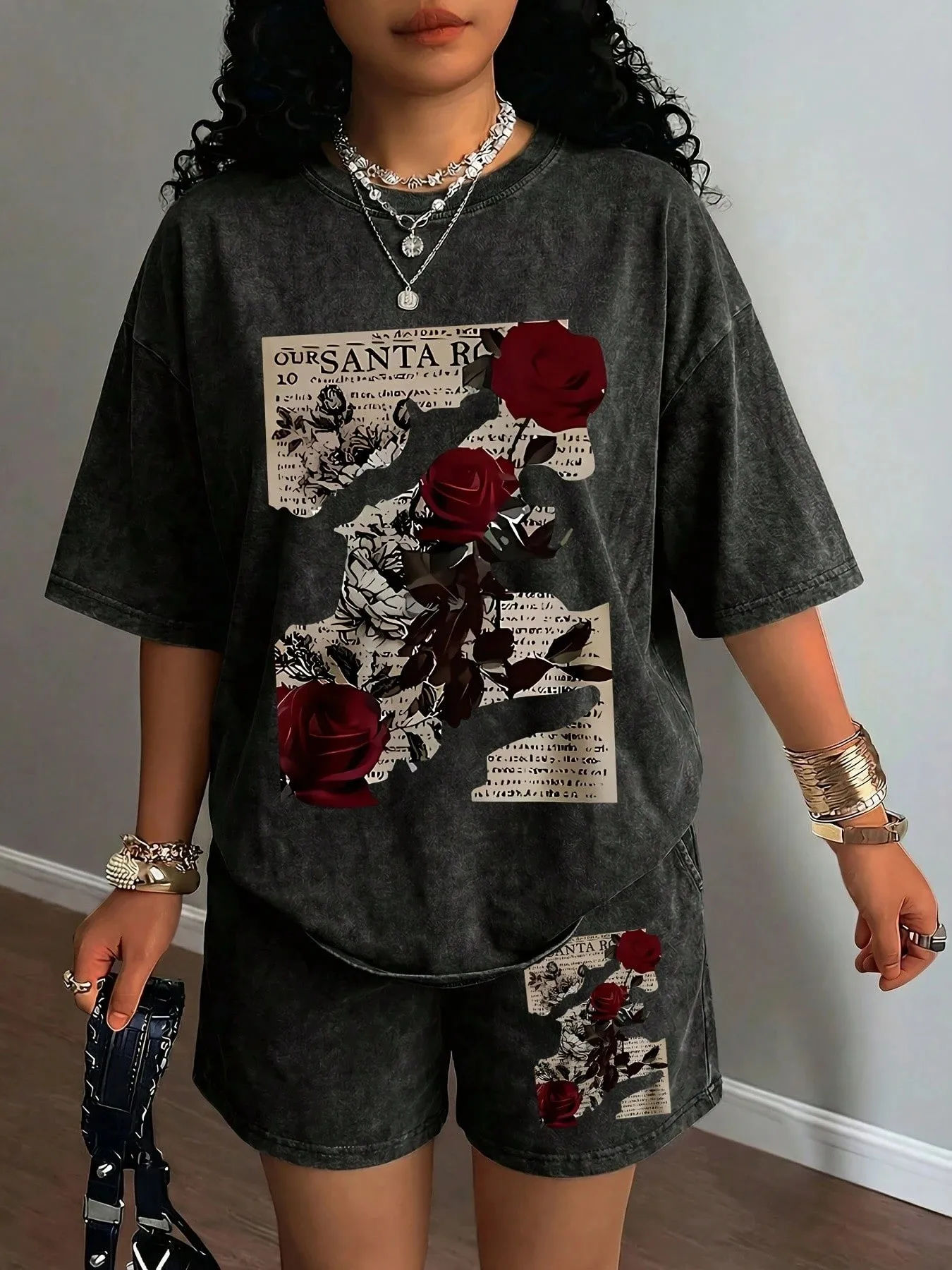 Summer women's suit with rose flower print lightweight breathable casual fashionable retro streetwear clothing