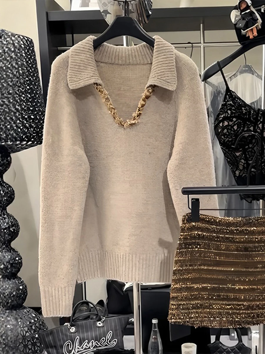 

Korean Sle Soft iny Sequin Splice Slim Fit Knitted Sweater Women's Autumn Winter New Faion Casual Versatile Top