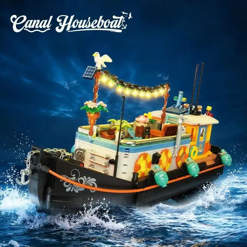 

Handcrafted Street View Canal Yacht Boat House Puzzle DIY Building Blocks Toy with Lights - Creative Gift for All Ages 9202