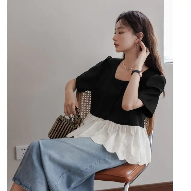 Women Solid Shirt Sweet Chic Puff Short Sleeve Female Blouse Korean Summer New Square Collar Loose All Match Spliced Crop Tops