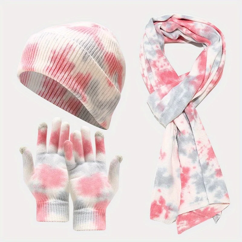 Tie Dye Knit Set 3Pcs Hat Gloves Scarf For Women Autumn Winter Outdoor Cold Protection Fashion Accessories