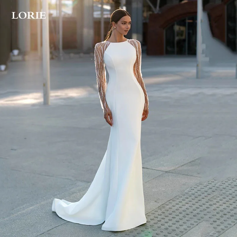 LORIE Lace Sleeve Mermaid Wedding Dress Scoop Neck Bride Dresses Elegant Satin Modern Wedding Party Dress Customized 2024