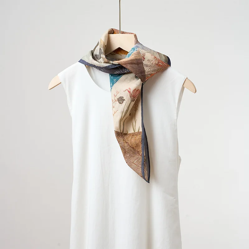 春夏軽量シルクコットンブレンドスカーフ 65 × 65 センチメートル正方形レディース通気性花柄多用途アクセサリー