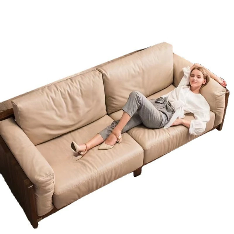 

Modern simple living room villa log sofa, leather fabric sofa combination