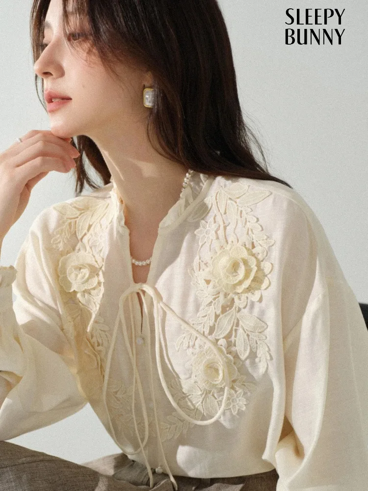 French Embroidered Blouse V Neck Long Sleeve Shirt for Women Autumn Lace Floral Top Chic Vintage Inspired Design Fashion Outfit