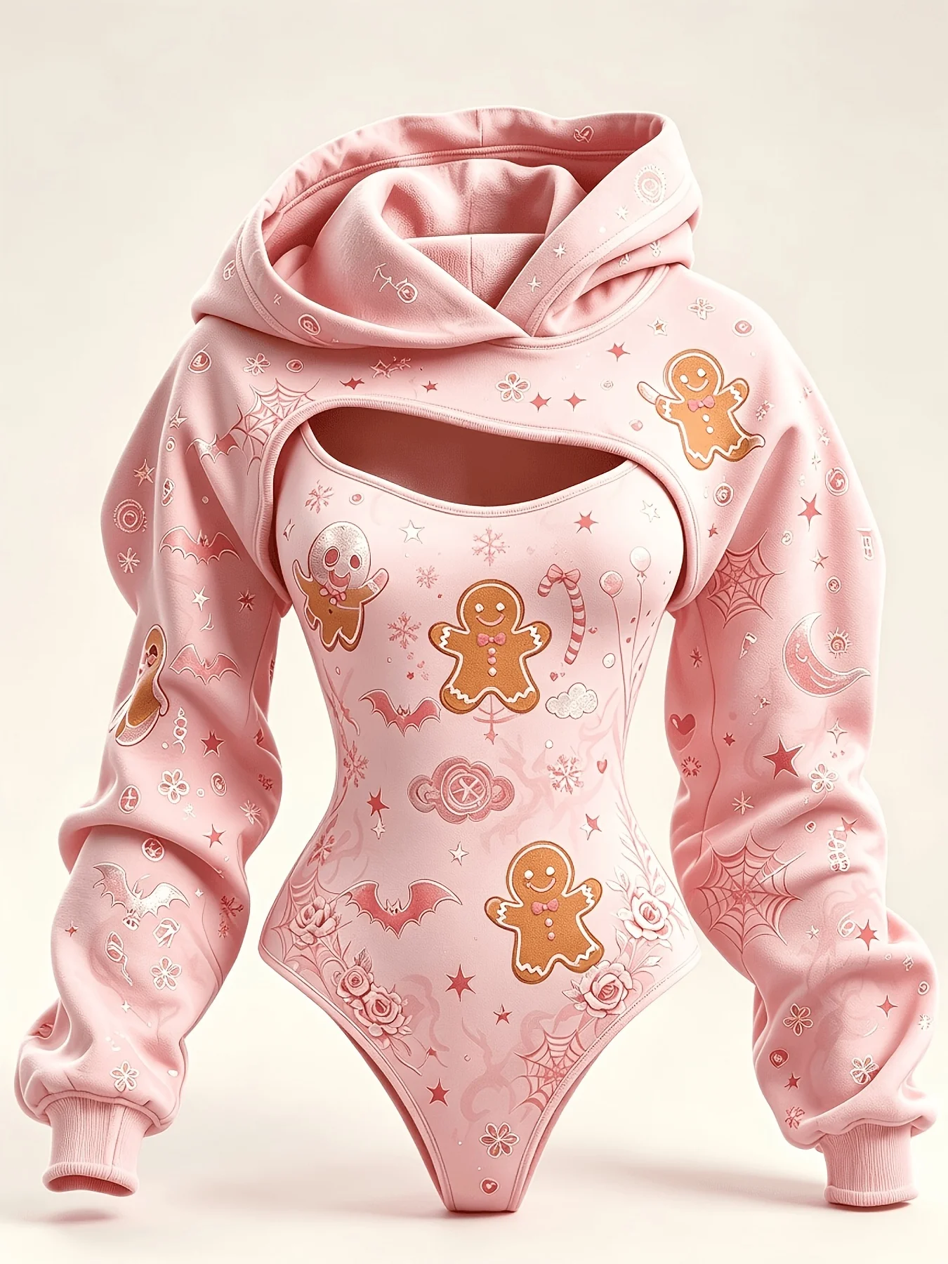 Christmas Women 2 Piece Set Pink Cute Gingerbread Man Bat Floral Star Print Bodysuit & Hooded Shrug Xmas Party Outfit
