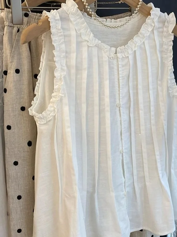 White Sweet Wooden Svel Vest irt Women's Loose Age-Defng Doll Top Summer New Sle Commute Sle ort Length