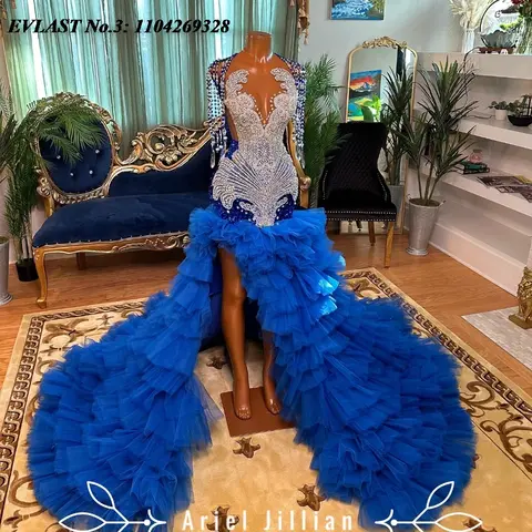 EVLAST Customized Royal Blue Tiered Prom Dress BlackGirl 2025 Rhinestone Crystal Beaded High Slit Evening Party Gala Gown E3P262