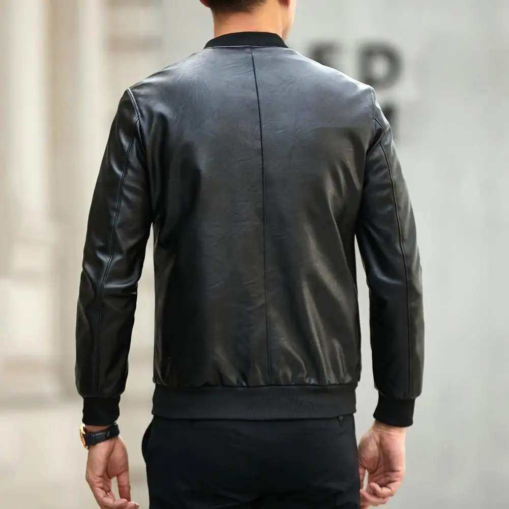 Soft Warm Men Jacket Regular Fit Men Jacket Stylish Men\'s Faux Leather Jacket Warm Stand Collar Zipper Pockets for Autumn