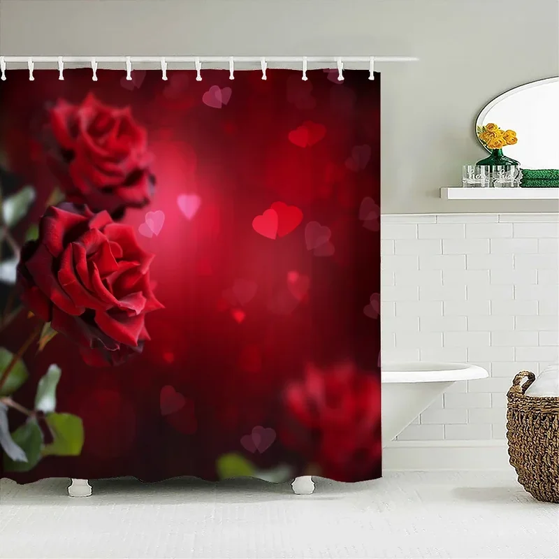 3D Red Rose Plants Flowers Bathroom Curtain Love Romance Bath Curtain Waterproof Fabric Shower Curtains Decor 240X180 With Hooks