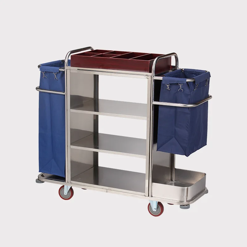 Chariot de travail bilatéral en acier inoxydable pour hôtel, chariot de rangement pour linge, maison, chariot de Service de nettoyage pour hôtel