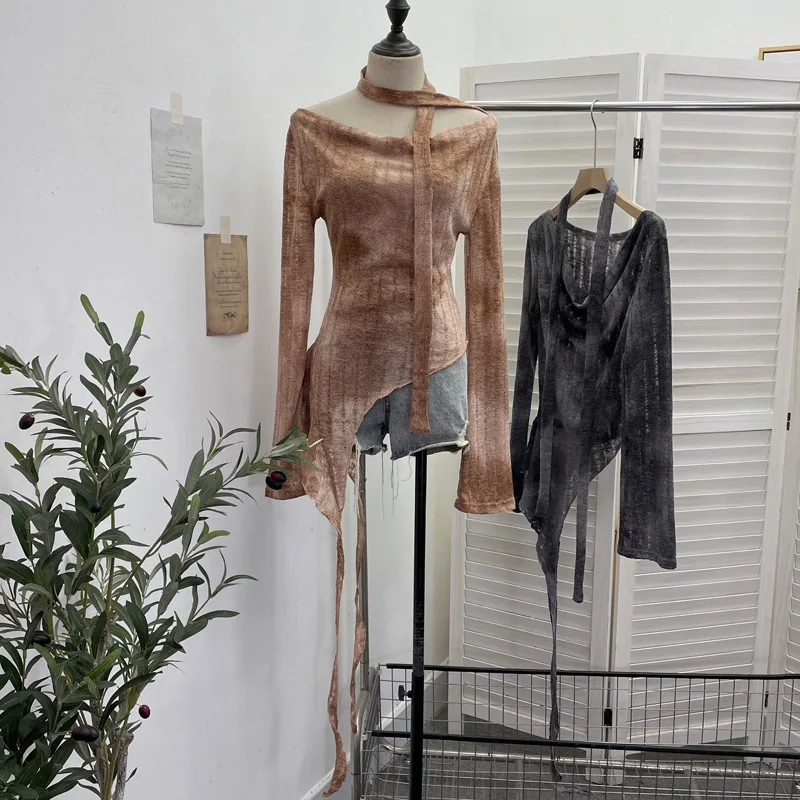 Women's Sexy Off The Shoulder Long-sleeved Ripped Knitted Top Hollow Irregular Streamer T-shirt Women