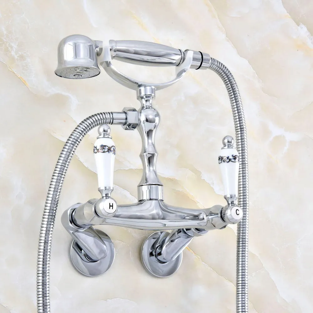 

Contemporary Chrome Brass Adjusts From 3-3/8" Wall Mounted Bathtub Faucet with Handheld Shower Set +150CM Hose Mixer Tap 2qg411