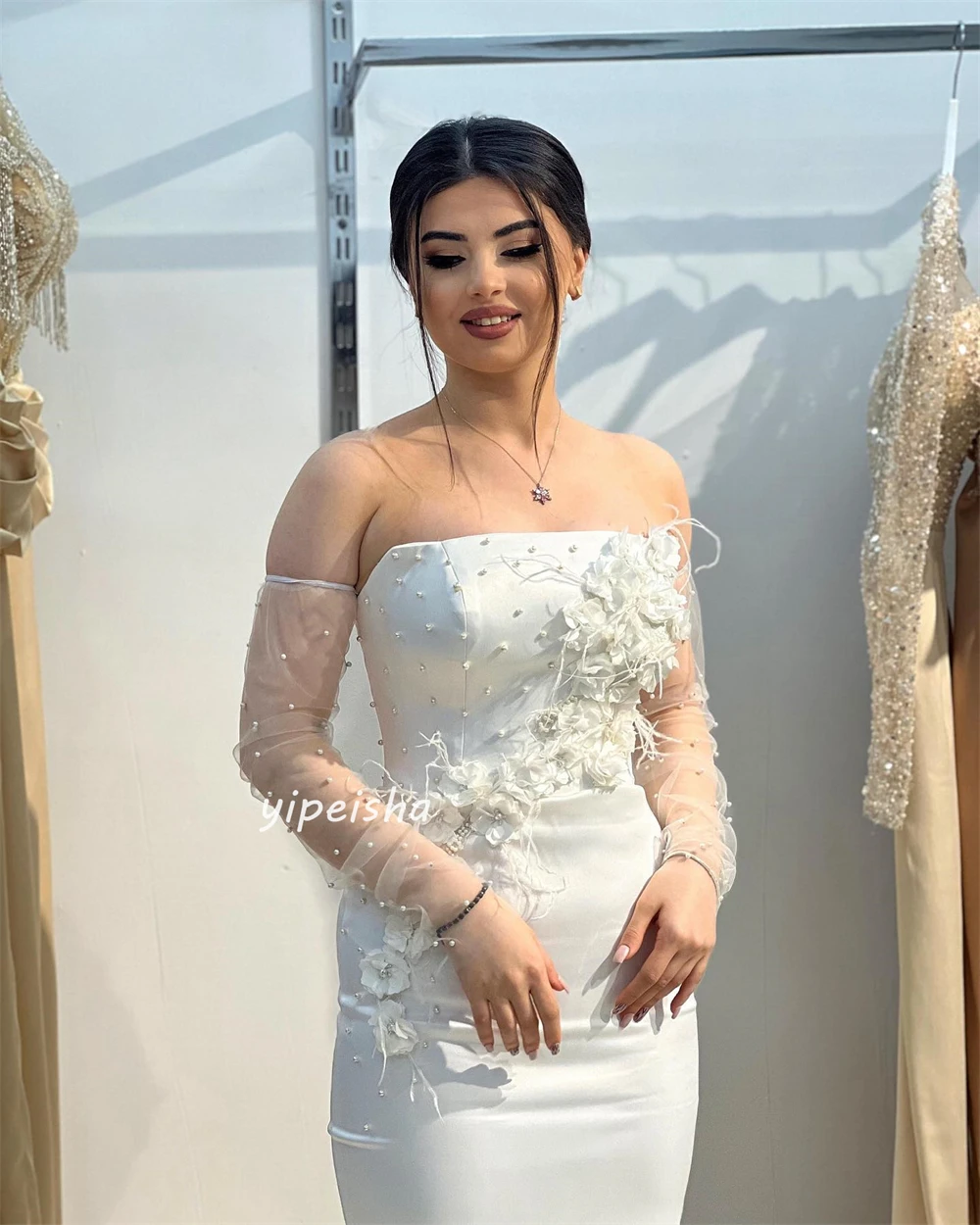 Prom Dress Evening Saudi Arabia Jersey Pleat Flower Pearl Wedding Party A-line Strapless Bespoke Occasion Gown Long Dresses