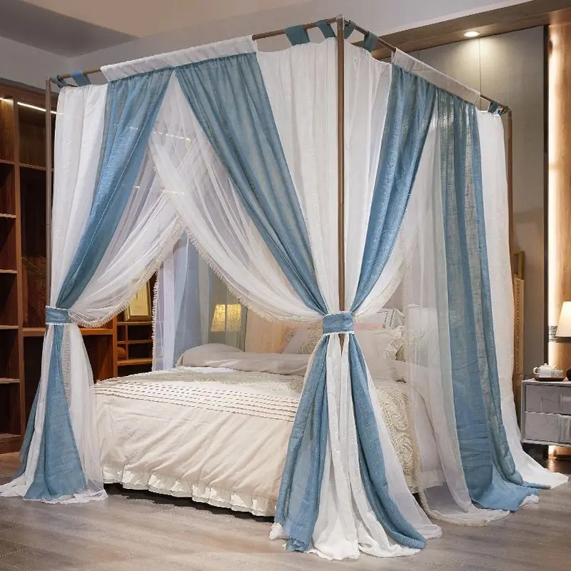 Double Layer Color Block Mosquito Net No Bracket Simple Nordic Style Palace Linen Blended Household/Hotel Shading Bed Curtain