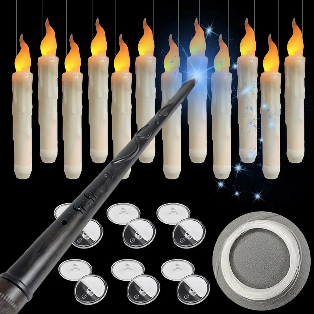 12 Pcs Floating Candles with Wand Remote Battery Operated Candlestick with Warm Light Magic Hanging Flameless LED Taper Candles