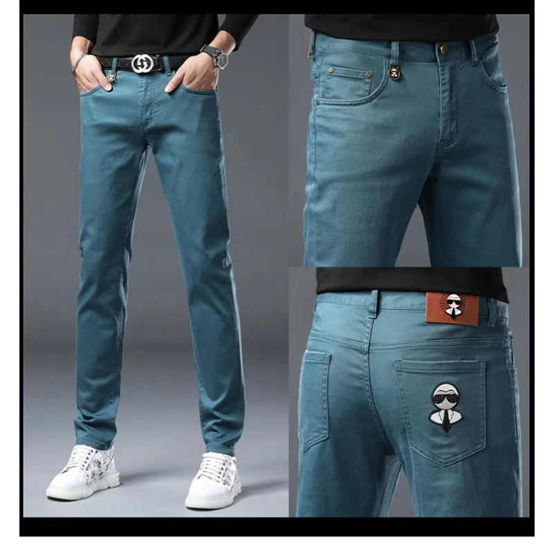 

Light luxury men's denim pants 2024 autumn high-end fashion embroidery slim fit small straight tube multi-color denim long pants