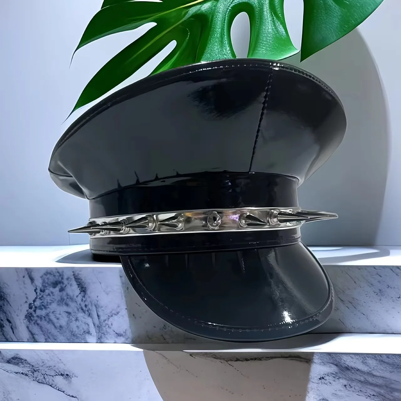 

HongLuan Laser Leather Captain Hat Rhinestone & Military Caps for Woman, Rave Festivals Accessories ＆ Party Cap Man Cosplay Fem