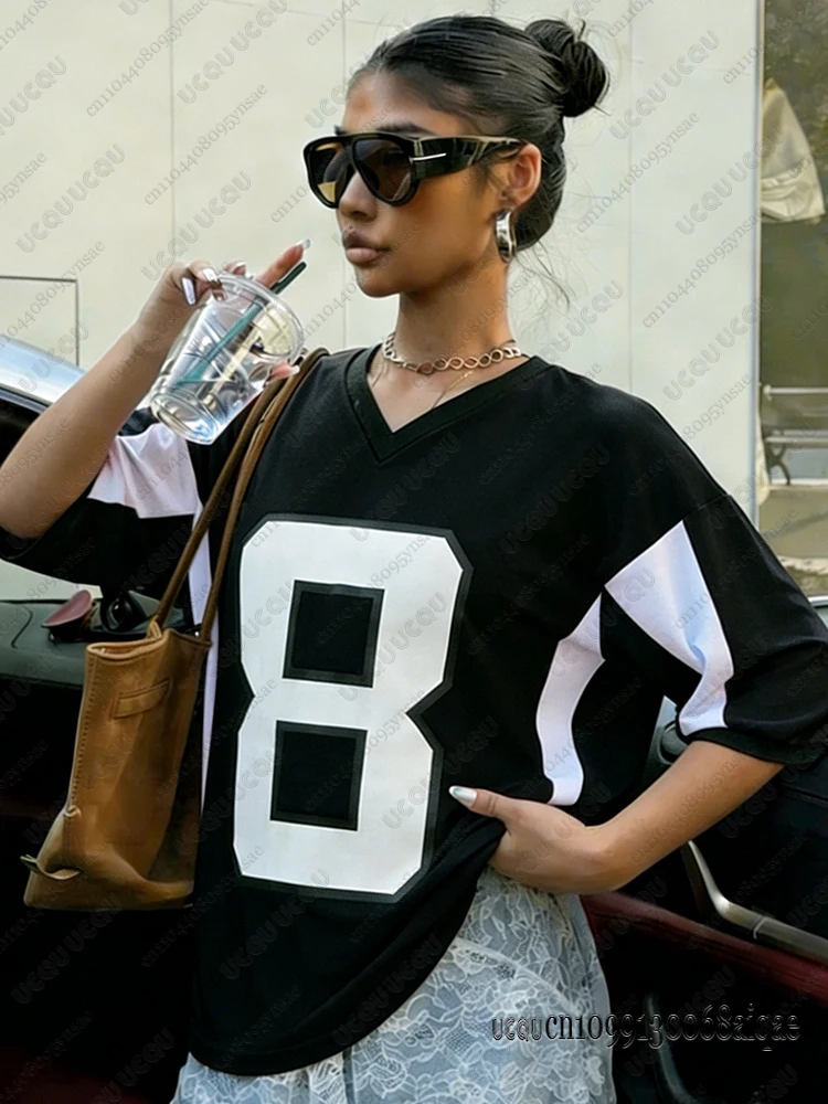 2026 Summer New Red Speed 8 Printed T-Shirt For Women V-Neck Short Sleeve Sports Football Jersey Loose Oversized Y2K Street Tops
