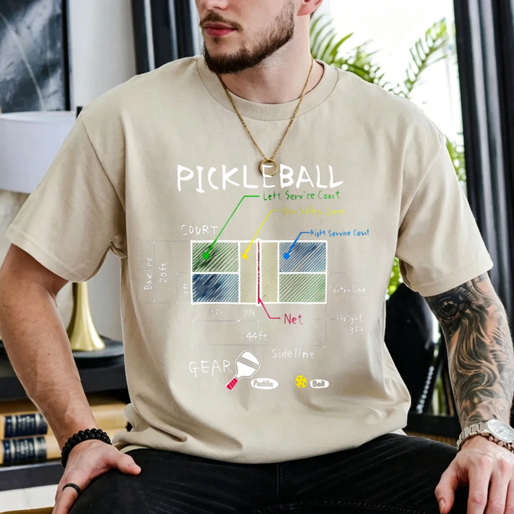 Pickleball Court Diagram Graphic T Shirt Sport Field Marking Print Cotton Tee Beginner Player Casual Training Top Unisex Tshirt