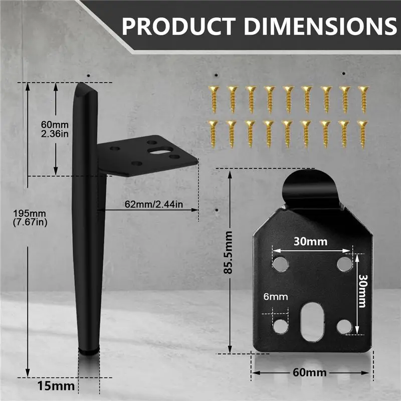 wsfs-家具脚-高さ195cm-ゴールドメタルテーブル脚-最大耐荷重600kg-家具脚-ソファ足-キャビネット脚-4個-ブラック