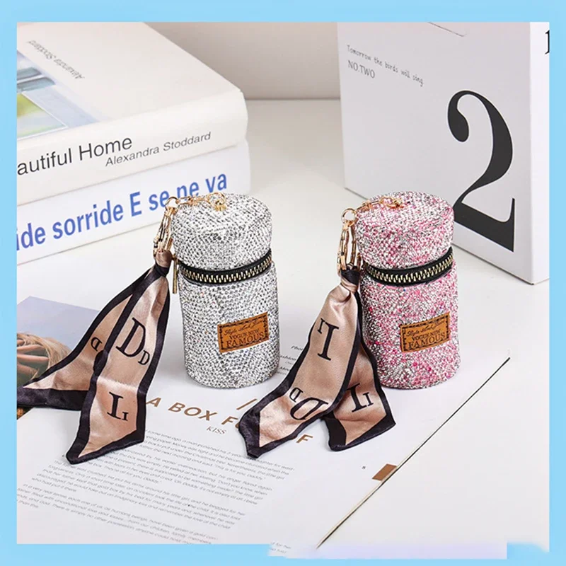 

Luxury Rhinestone Lipstick Bags Mini Leather Bucket Bag Portable Storage Bag Sparkling Car Keychain Female Key Ring Gift