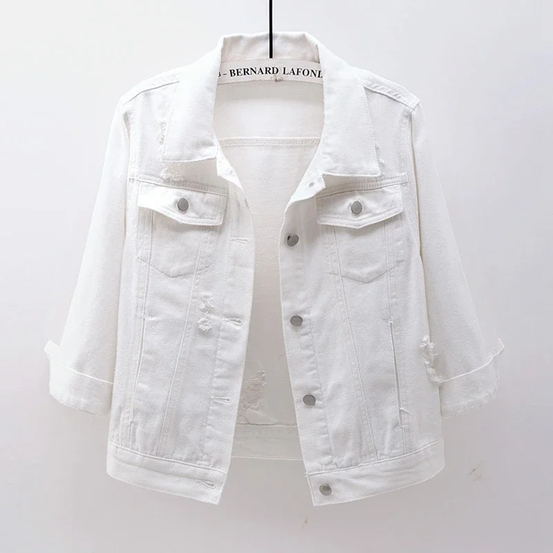 

Spring Summer Fashion Holes Denim Jacket Women Pink White Cowboy Outerwear Korean Slim Short Big Pocket Jeans Jacket Coat Female