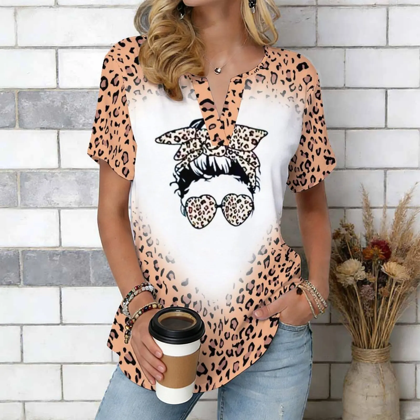 Women Print Notched V Neck Short Sleeve Casual Loose Tunic Tops