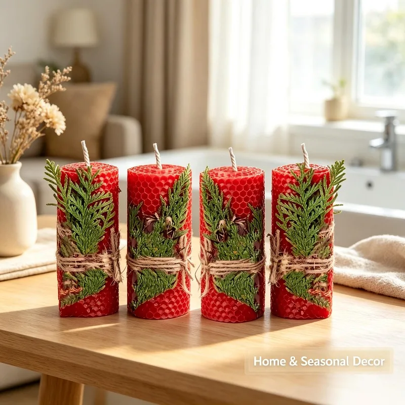 Set of 3 natural beeswax pillar candles, 5×10 cm, cinnamon with honeycomb, Christmas gift