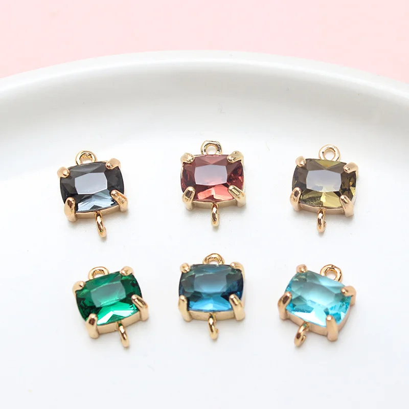 6pcs Copper Inlaid Glass Crystal Simple Color Rectangular Pendant Earrings Diy Jewelry Accessories Hairpin Material Charms