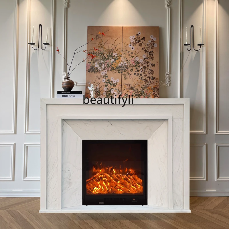 

French American Modern Simple White Marble Stone Carving Living Room Stone Fireplace TV Decorative Cabinet