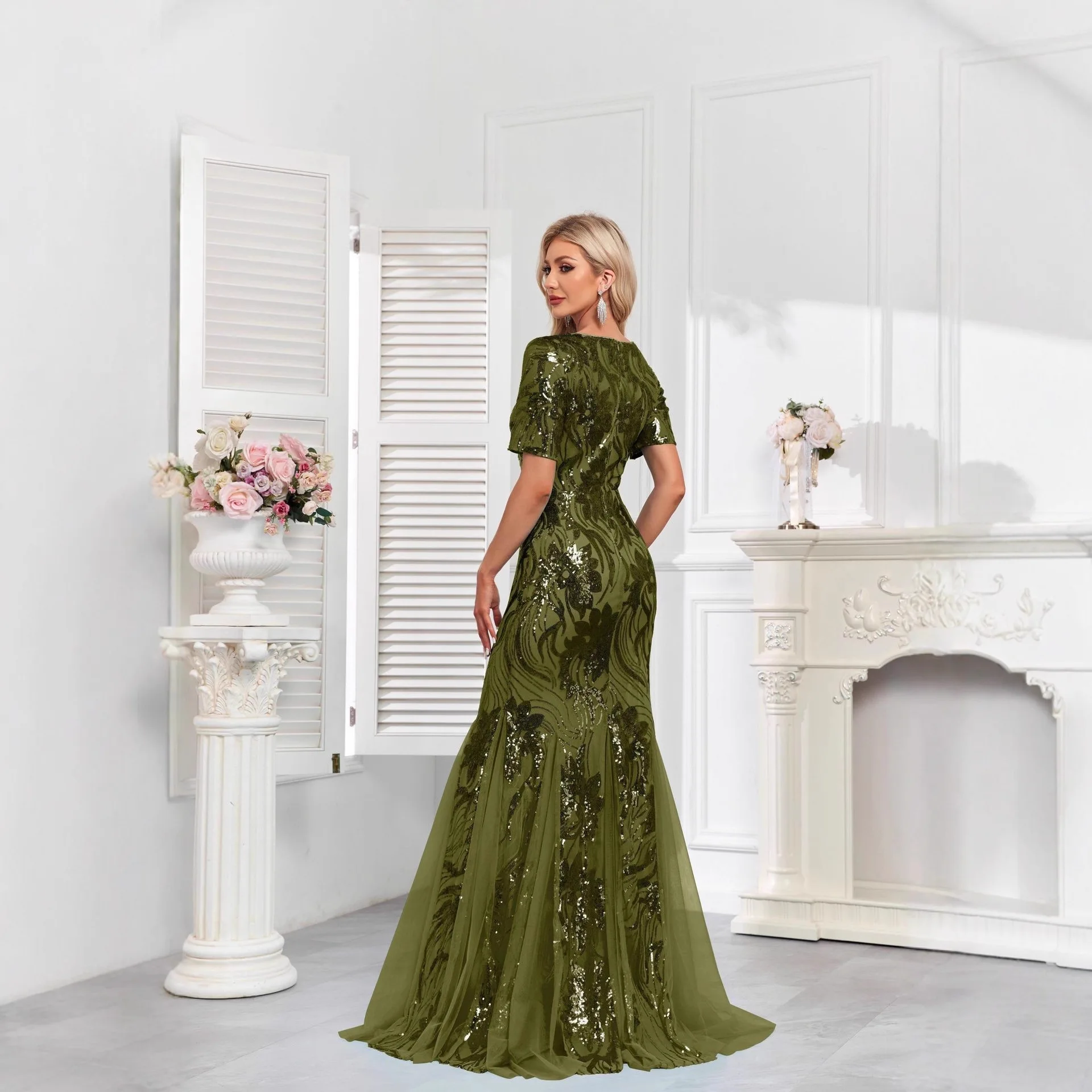 Sexy bla lantejoulas noite dr feminino cauda longa fi saia dr para banquete de casamento seda chinesa meados de cintura gola