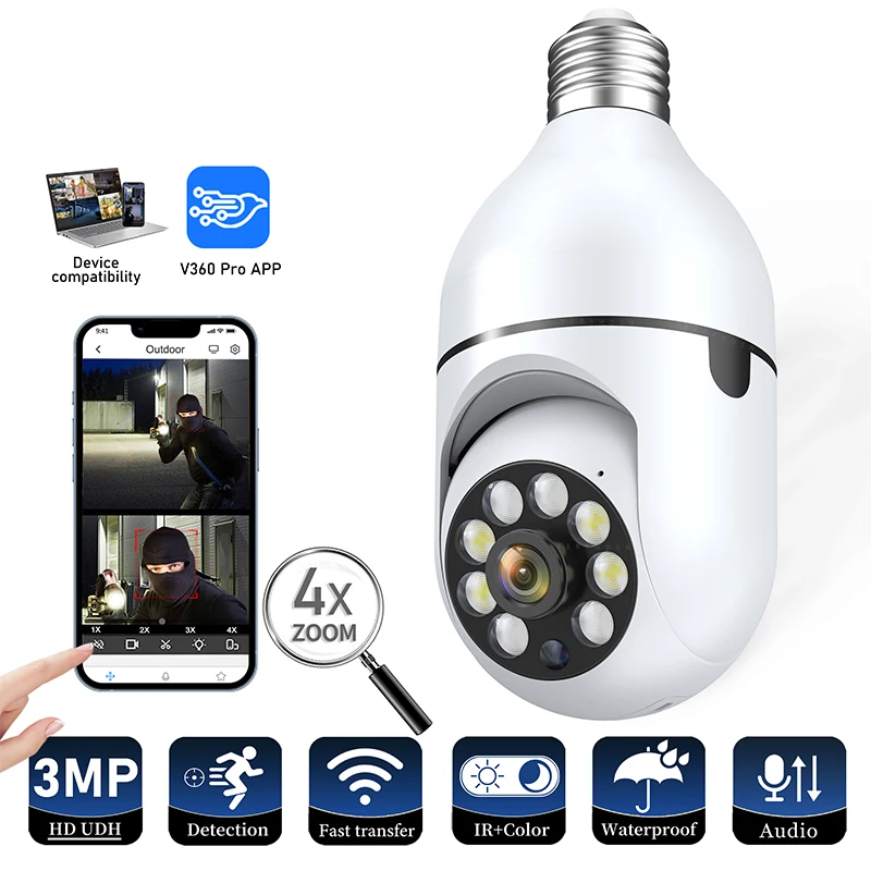 

5G Wi-Fi E27 камера наблюдения с лампочкой 2MP ночного видения автоматическое отслеживание людей 4-кратный цифровой зум видео умный домашний монитор безопасности