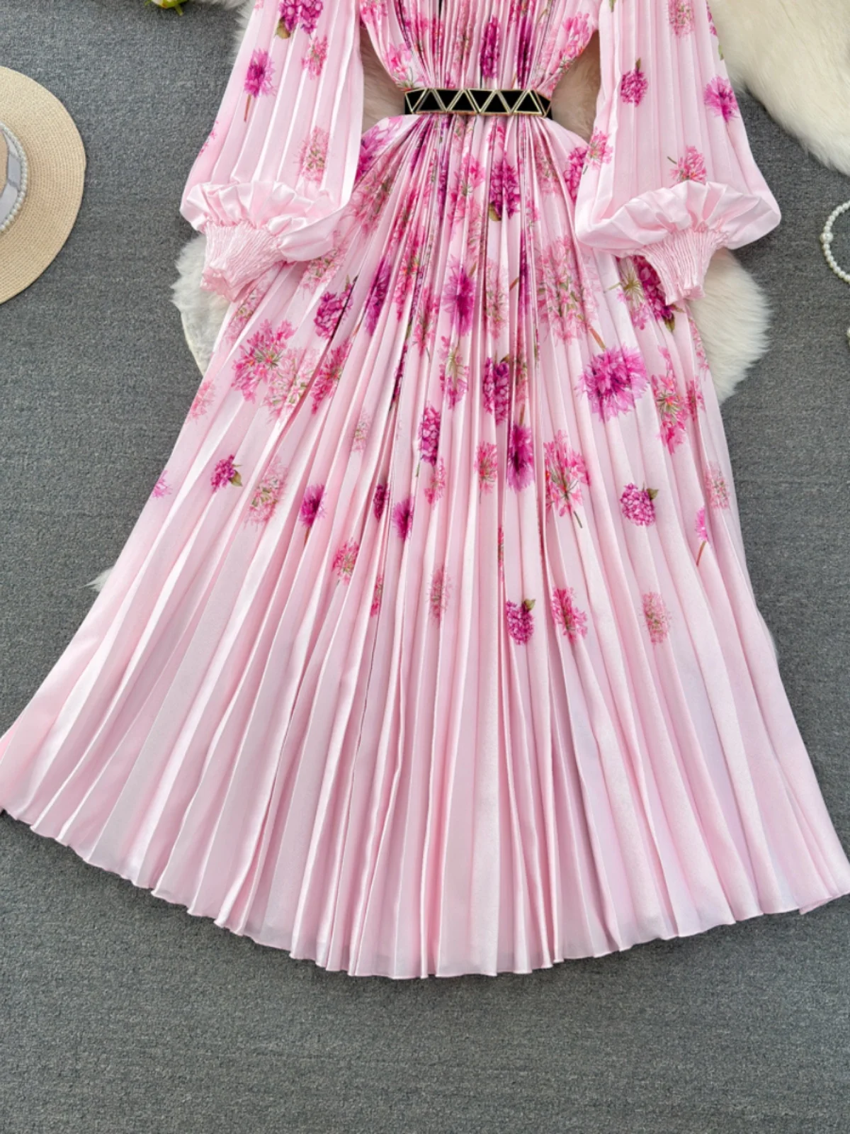 Minceur a-ligne lanterne Sve rond Ne robe jupe longue taille pliée conception imprimé fleuri femmes automne Dr Faionable