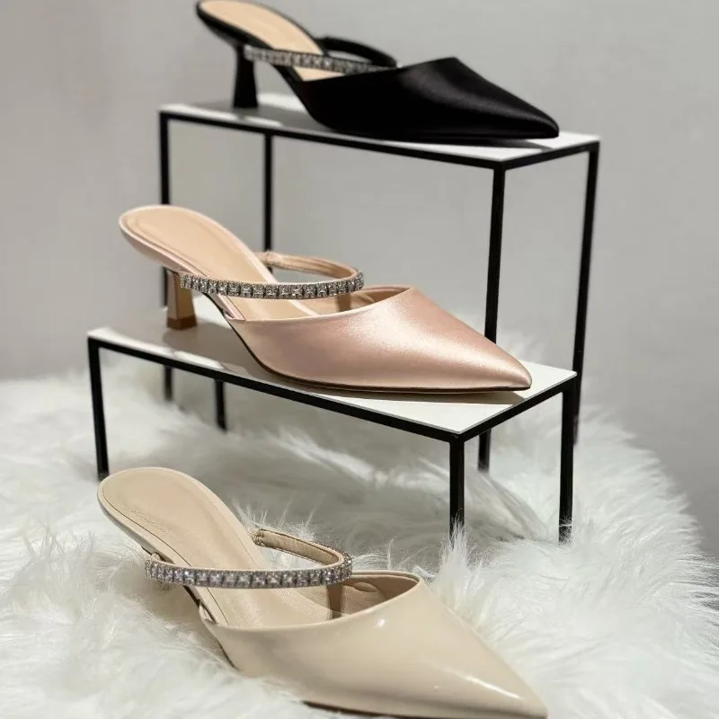 

Fashion Women's Sandals Pointed Tip Bright Diamond Pointed Half-drag Sandals Stiletto Heels Bag Head Women Shoes Sandalias Mujer