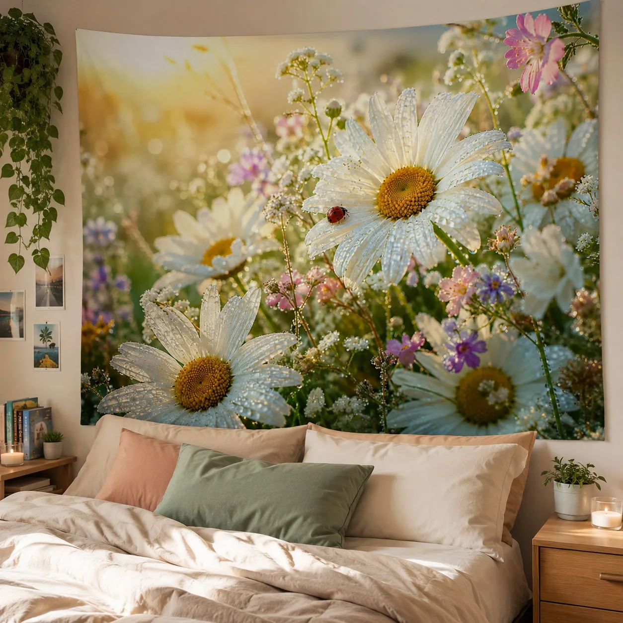 Daisy Wildflower Tapestry Sunshine Ladybug Nature Scenery Wall Hanging Large Soft Polyester Background Cloth Cottagecore Aesthet