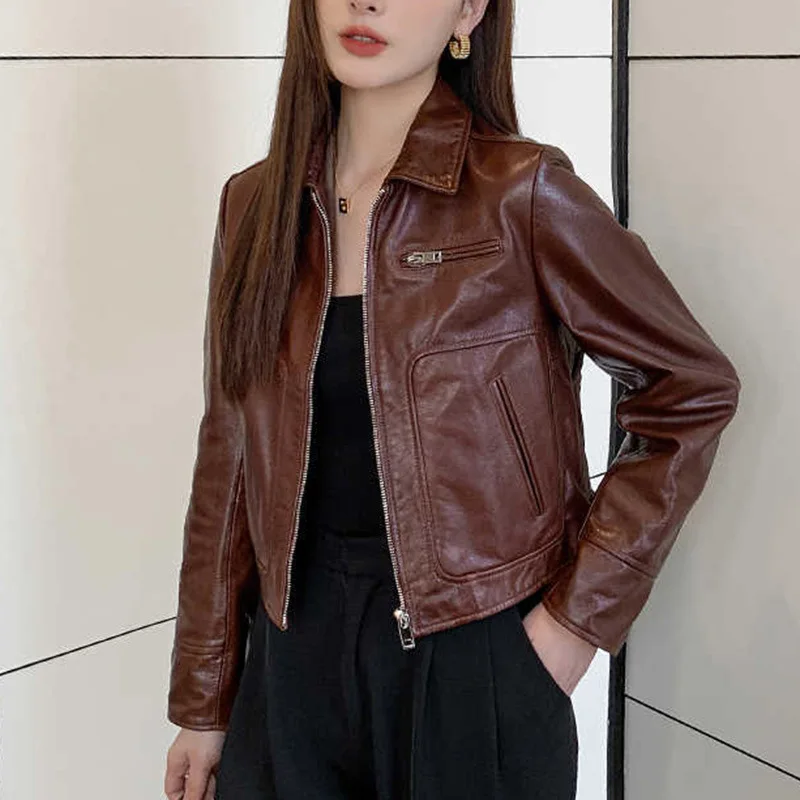 Jaket kulit asli wanita musim semi musim gugur tren Lapel ritsleting sepeda motor Retro ramping kasual pendek kulit sapi Lederjacken Damen