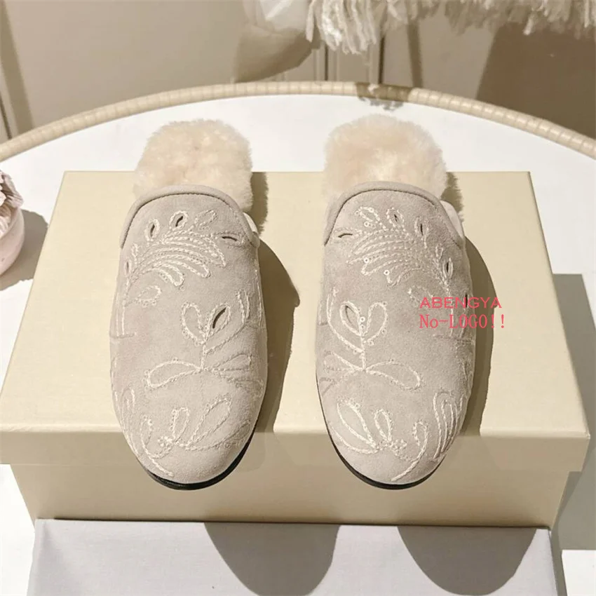 Designer New Khaki Suede Flat Slippers Women Wrap Toe Wool Mules Flat Shoes Winter Casual Party Beach Walking Shoes For Women