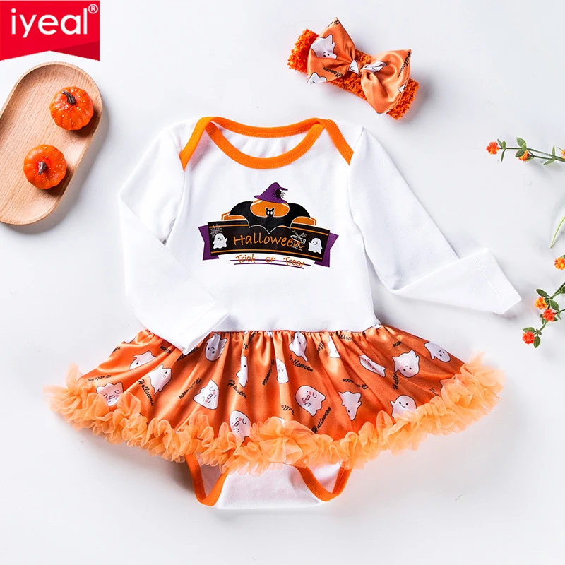 

IYEAL Baby Girls Dress With Headwear Clothes Sets Halloween Pumpkin Print baby clothes Newborn Tutu Tulle Dresses Bodysuit