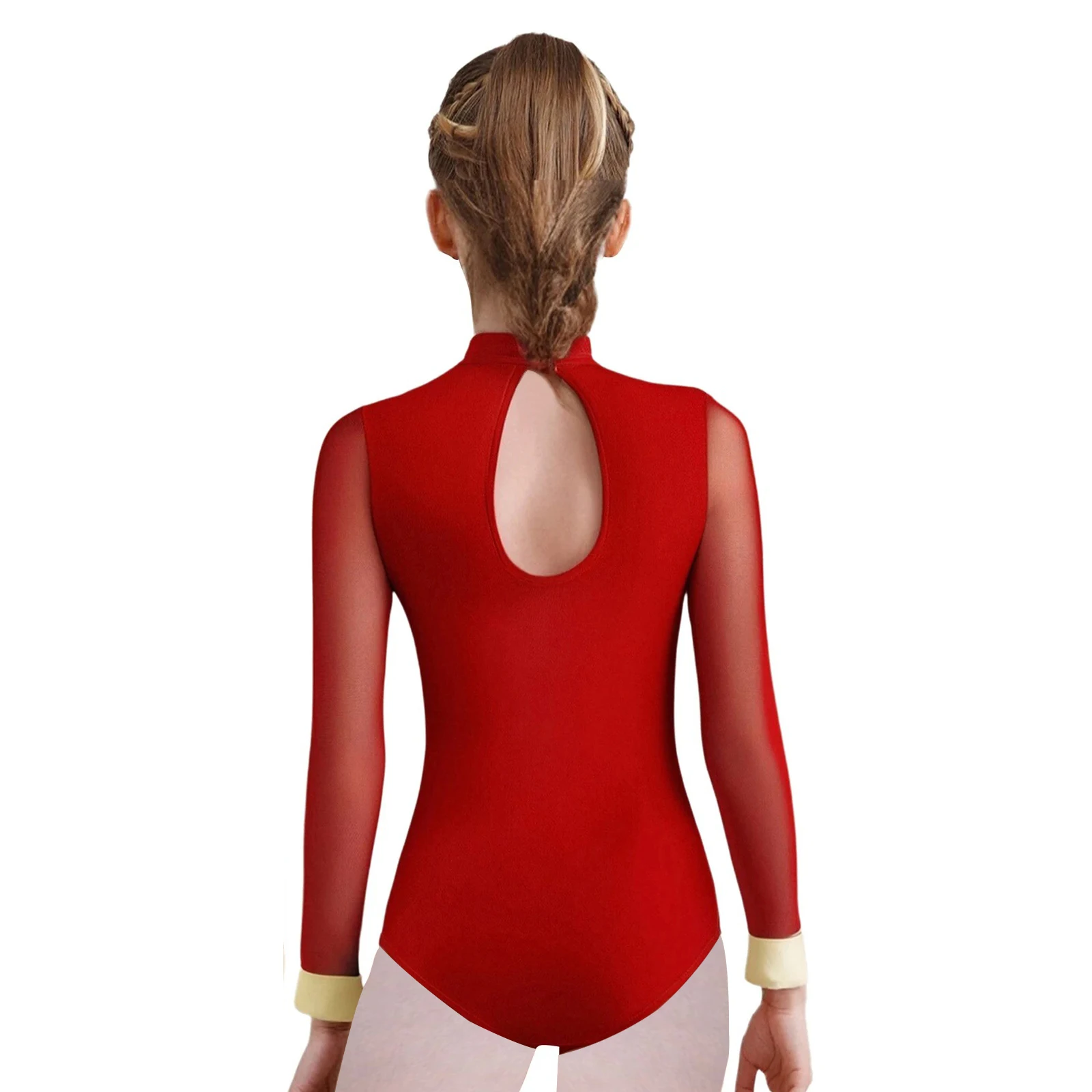 Kids Girls Gymnastics Figure Skating Leotard Metallic Stripes Sheer Mesh Long Sleeves Buttons Bodysuit Dance Performance Costume