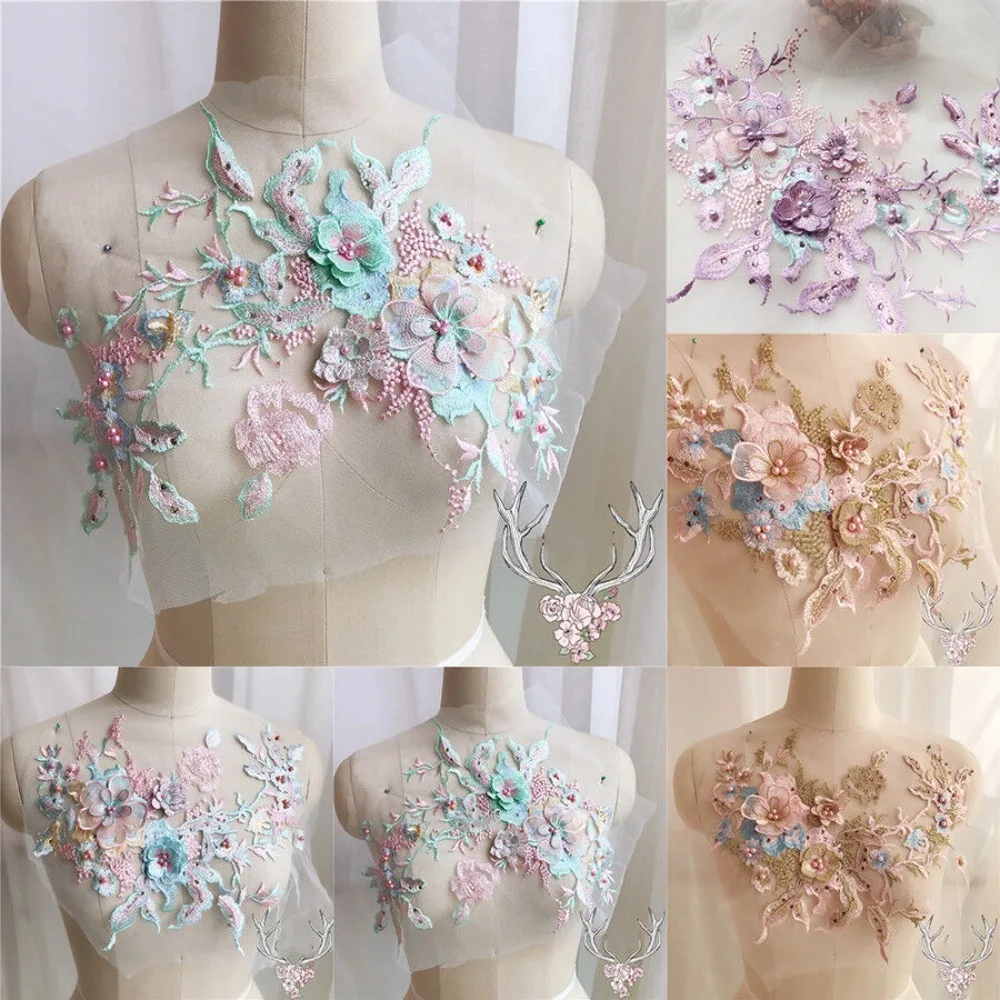 3D Dress Applique Beaded Tulle Pearl DIY Flower Wedding Lace Embroidery Bridal