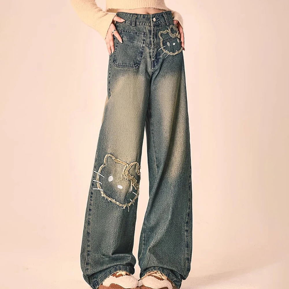 

Anime women Jeans Sanrios Y2K Hello Kitty Kawaii American Style Vintage Pants Spring Autumn High Waist Trend Loose Mopping Pants