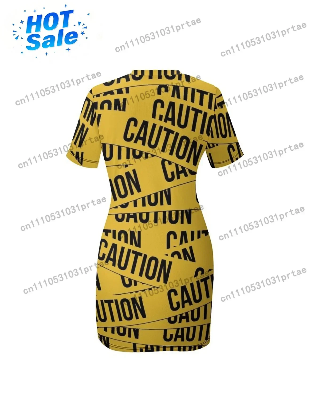 A Women'S Mini Dress Featuring a Bold Yellow 'CAUTION' Tape Design, Designed for a Casual Yet Trendy Streetwear Look, Perfect fo