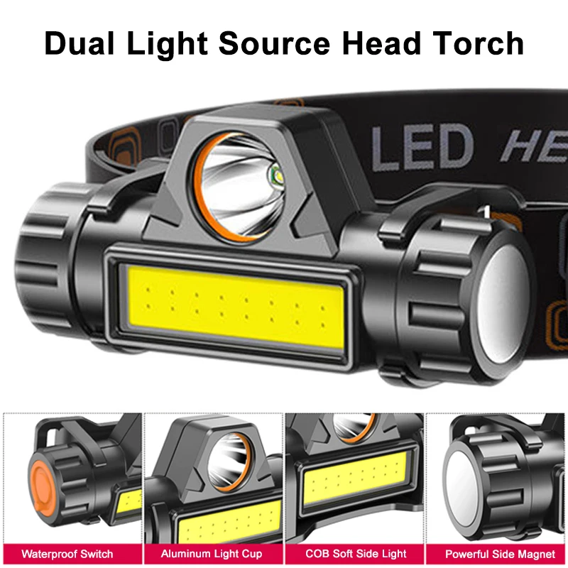 XPE + COB налобный фонарь, светодиодный рабочий свет, яркий мощный налобный фонарь с магнитным фонарем для кемпинга, пешего туризма, рыбалки, фонарик
