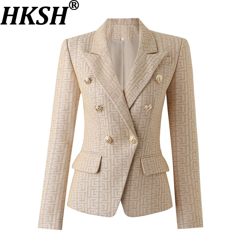 

HKSH Spring Autumn New Women's Blazer Double Breasted Pockets Slim Fit Plaid Elegant Trendy Office Lady Ins Short Jacket HK14488