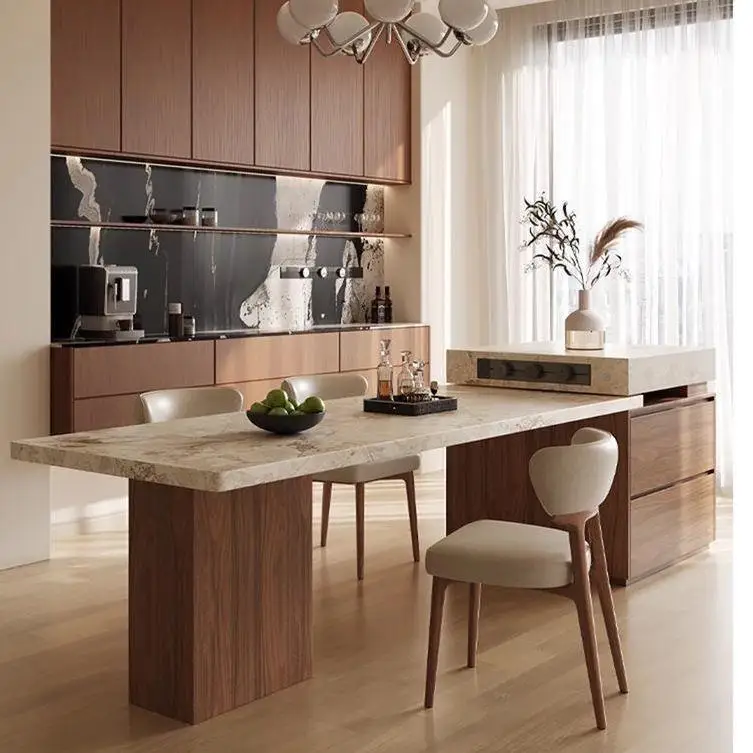 Small and medium-sized apartment storage island dining table integrated household retractable rock slab