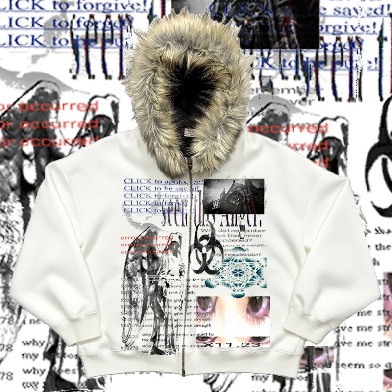 Y2k عنصر الرعب محاكاة ساخرة أفخم سميكة الدافئة الفراء طوق مقنعين سترة كسول سترة أفخم زوجين ايمو الخريف والشتاء معطف #1