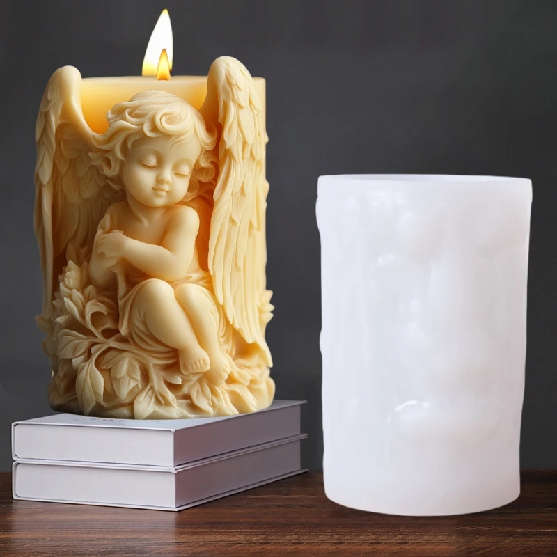 DIY Prayer Angel Relief Cylinder Candle Silicone Mold Wings Angel Resin Mould Angel Flower Relief Concrete Cement Gypsum Molds