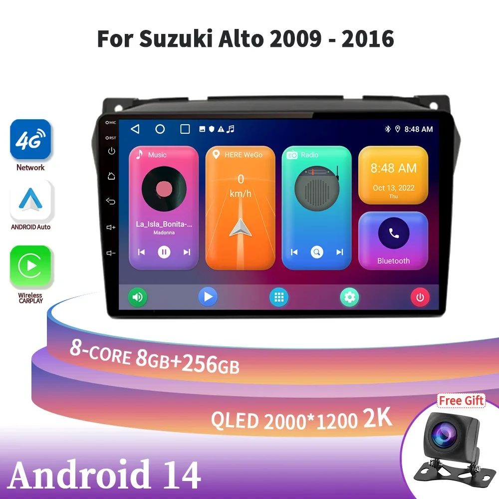 

For Suzuki Alto 2009-2016 Android 14 Car Radio Central Multimedia Navigation Wireless Carplay Stereo Screen Head Unit 2DIN GPS